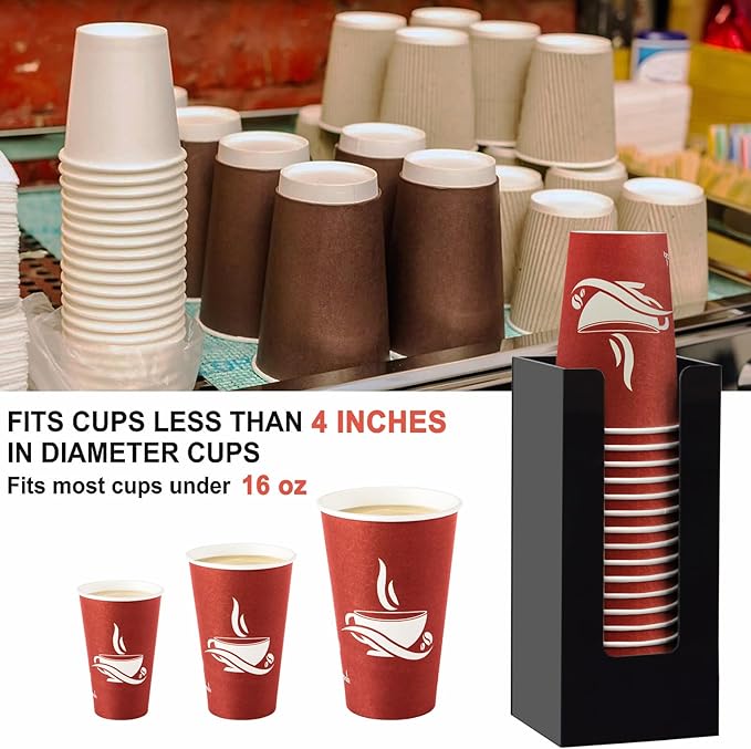 MYITYARD Coffee Cup Dispenser, Cup and Lid Organizer fits 5 to 16 oz Disposable Paper & Plastic Cups, Acrylic Cup Holder for Table Countertop, Black