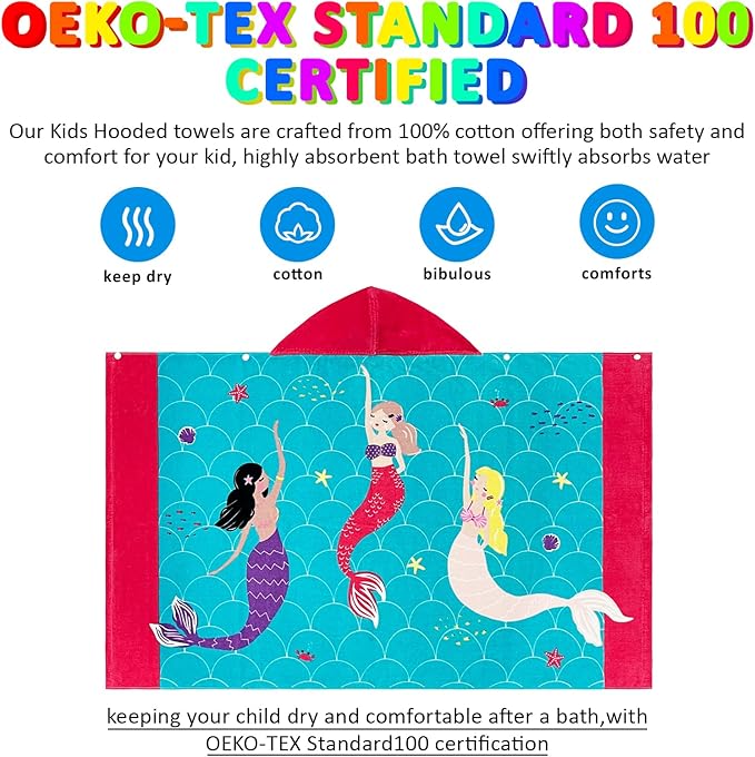Kids Bath Towels, Kids Towel Girls Boys Hooded Beach,Bathroom,Pool Swim Towels 30 × 50 INCH Large Size Ultra Absorbent Cute Cartoon Animal Full Vitality 100% Cotton Wearable Wrap for Child