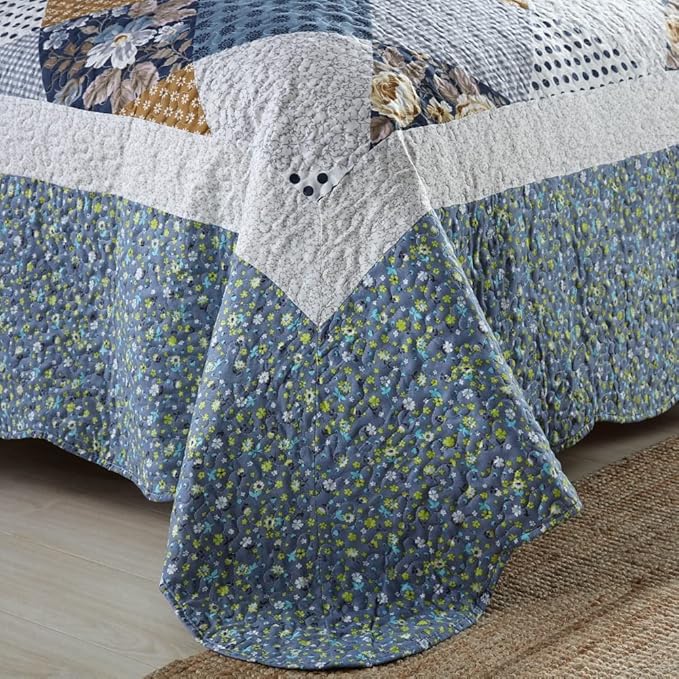 NEWLAKE Quilt Bedspread Sets-Checkered Floral Reversible Coverlet Set,Queen Size