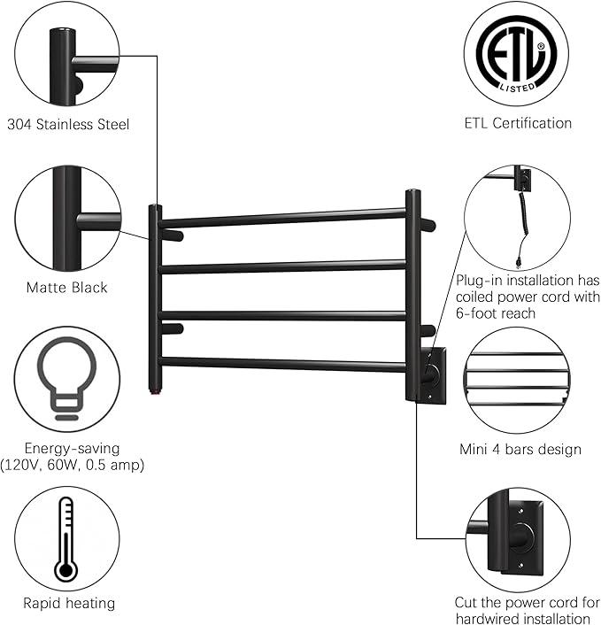 HEATGENE Towel Warmer 4 Bar Towel Dryer Wall-Mounted Plug-in Bath Towel Heater - Matte Black