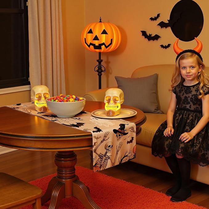 Halloween Table Runner with Ghosts, Bats & Skeletons, Table Decoration for Dining Party and Home Decor,48x13 inches