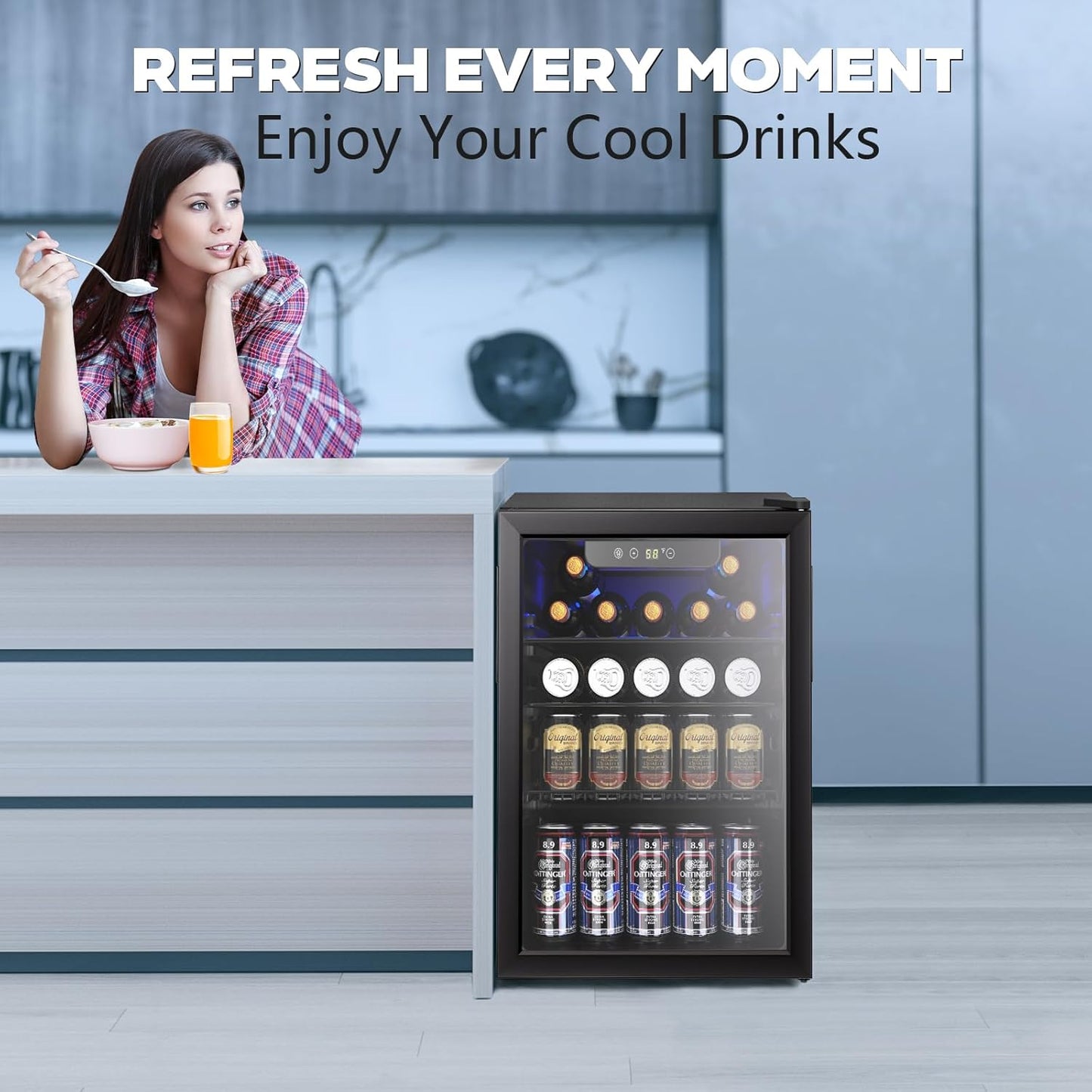 26 Bottle Wine Cooler, 95 Cans Beverage Refrigerator, 2.6 cu.ft Drink Fridge Digital Temperature Control for Beer, Soda,Water, Drink Cooler for Home Office Bar