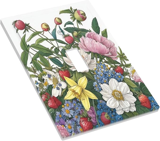 Spring Watercolor Flower Plant Strawberry Peony Floral Decorative Light Switch Cover 1 Gang Single Toggle Device Electrical Faceplate Switchplates Decorator Outlet Wall Plate for Bedroom living Room