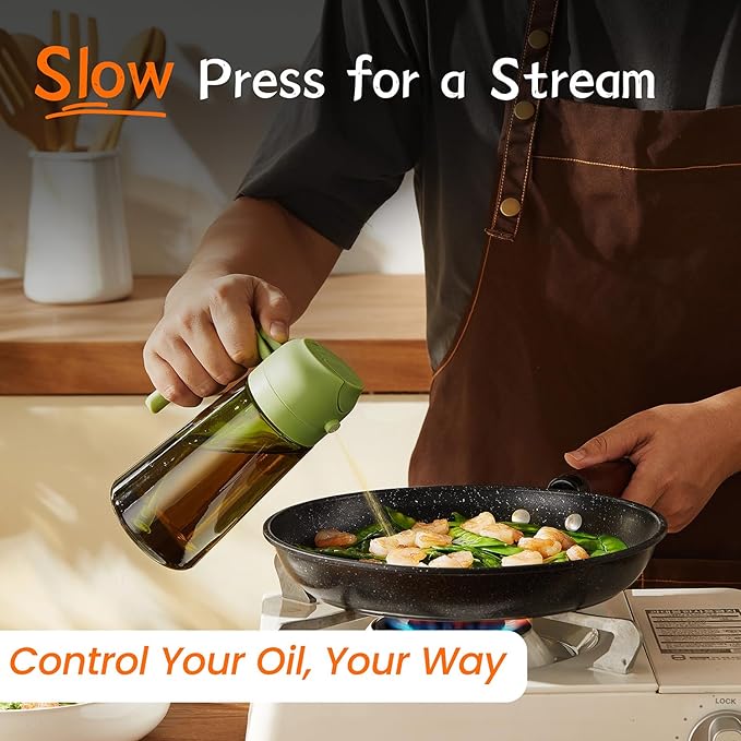 TrendPlain - Original 16oz/470ml Olive Oil Dispenser Bottle for Kitchen Gadgets and Air Fryer Accessories - Olive Oil Sprayer for Cooking w/Stickers - Green