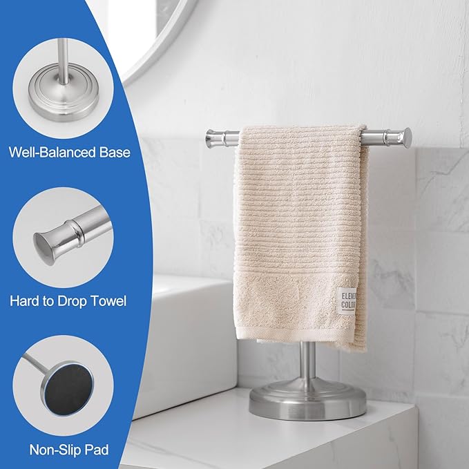 RUMOSE 13 Inch Brushed Nickel Towel Stand Hand Towel Holder Bathroom Kitchen Vanity Countertop T-Shape Towel Rack Free Standing Stainless Steel Towel Bar Towel Ring