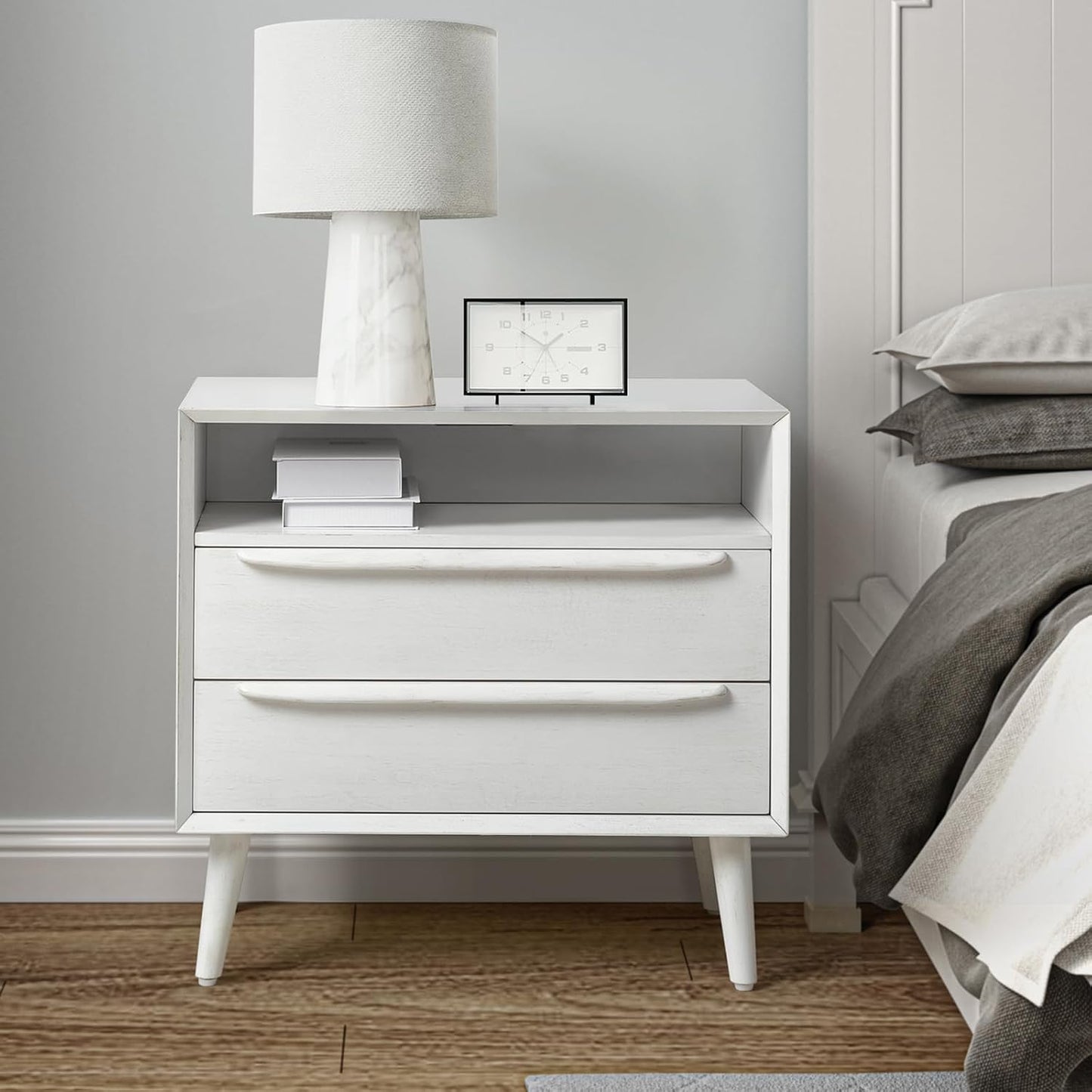 HULALA HOME Nightstand with Charging Station, Mid-Century Modern 2 Drawer and Open Shelf Dresser for Bedroom, Fluted Bedside Table, White