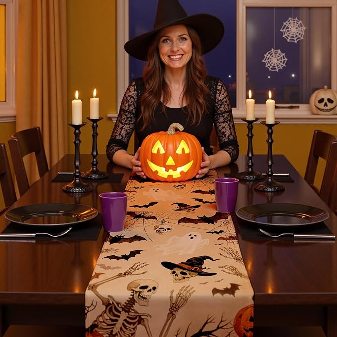 Halloween Table Runner with Ghosts, Bats & Skeletons, Table Decoration for Dining Party and Home Decor,108x13 inches
