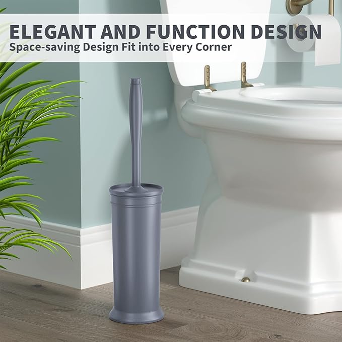 Toilet Brush and Holder 2 Pack, Toilet Bowl Brush with Extra Long Handle, Toilet Scrubber and Covered Holder, Toilet Brushes for Bathroom-Space Saving, Covered Brush, Durable, Deep Cleaning(Grey)