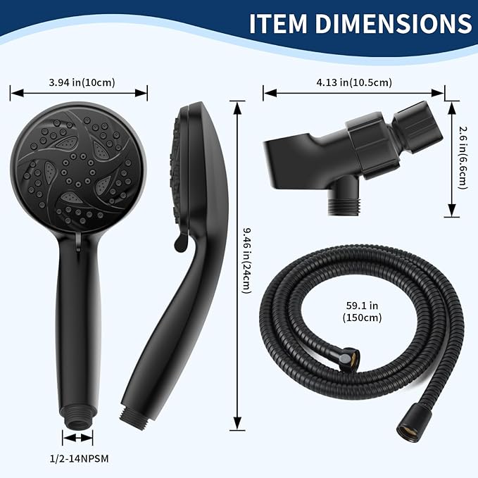 Hand Held Shower Head, High Pressure 6 Spray Mode Handheld Showerhead, Matte Black Shower Head with 59 Inch Stainless Steel Hose and Adjustable Bracket