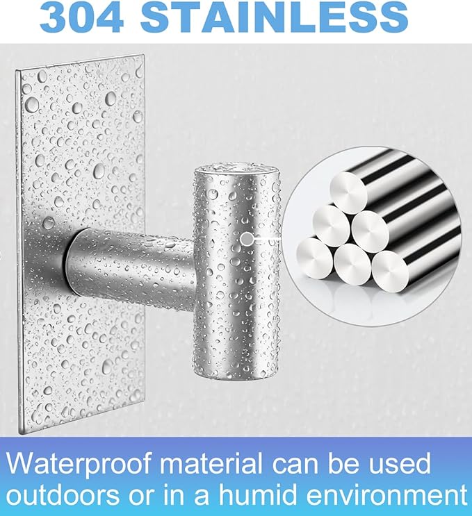 4 Pcs Towel Hooks Heavy Duty for Hanging,Adhesive Wall Hooks with Removable Strips,Sticky No Damage,Outdoor for Bathrooms,Shower,Stockings,Decor,Robe,Large,Silver 304 Stainless Steel