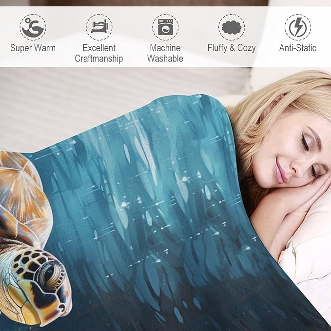 Sea Turtles Throw Blanket for Teens Boys Girls and Adults Soft Warm Cozy Funny Midweight Food Flannel Blankets for Couch Sofa Bed Camping Travel Home Decor 50" X 60"
