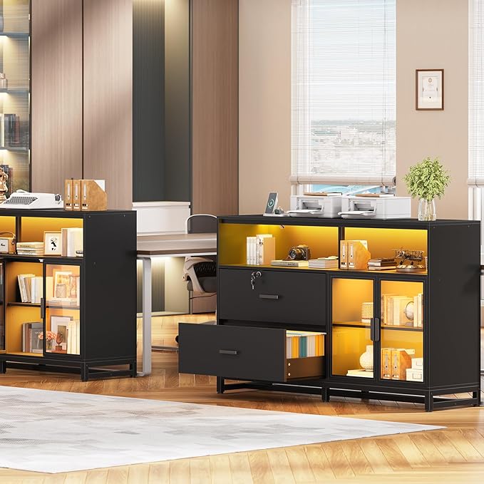 SEDETA 59" File Cabinet, 2 Drawers Filing Cabinets for Home Office fit Legal/Letter/A4 File, File Cabinet with Lock & Power Outlets, Printer Stand with Storage & LED Lights, Black