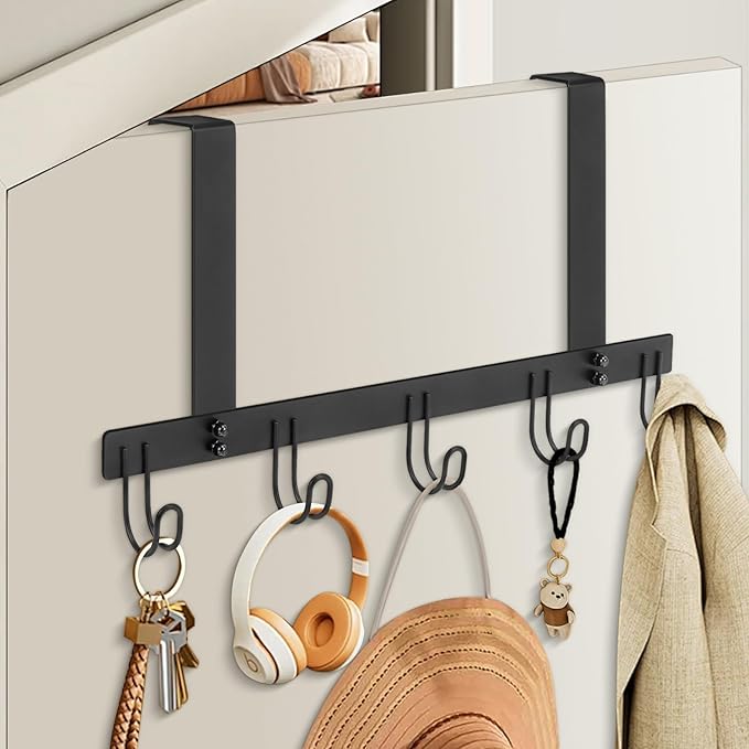 Over The Door Hooks, No Drill Door Towels Hanger, Metal Hanging Towel Holder with 5 Coat Hooks for Bathroom, Bedroom, Kitchen (Matte Black)