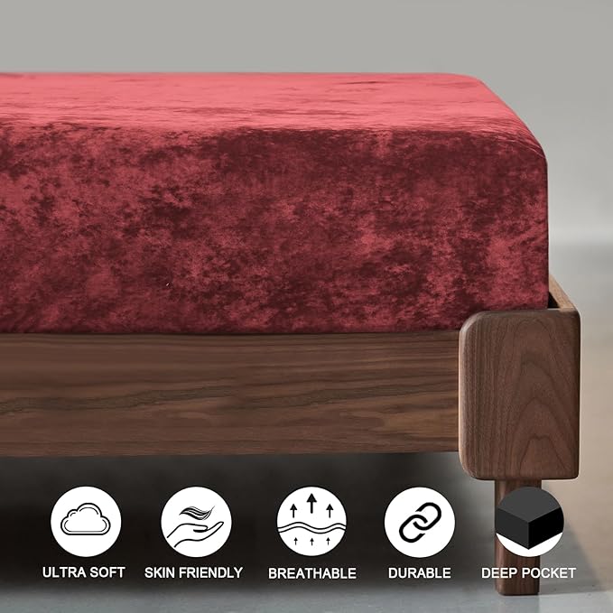 PHF Truly Velvet Fitted Sheet Only Queen Size, Christmas Luxury Super Soft Cozy Fuzzy Fleece Bottom Sheet with Deep Pocket Up to 16", Suitable for Fall Winter Spring, No Pillowcases,Wine Red