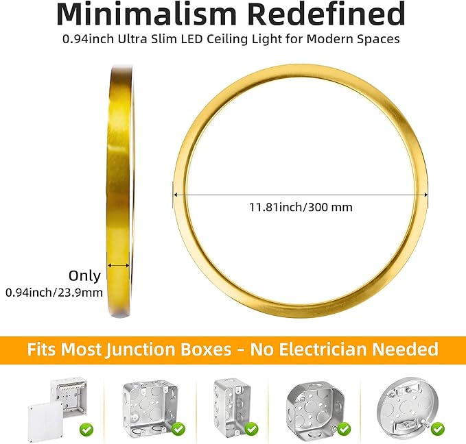 Hlite 4pack 12 inch Flush Mount LED Ceiling Light Fixture,24W 2400LM Super Slim Light Fixtures Ceiling Mount 3000K/4000K/5000K 3CCT Selectable,Ceiling Light Fixtures for Kitchen,Bedroom (Gold)