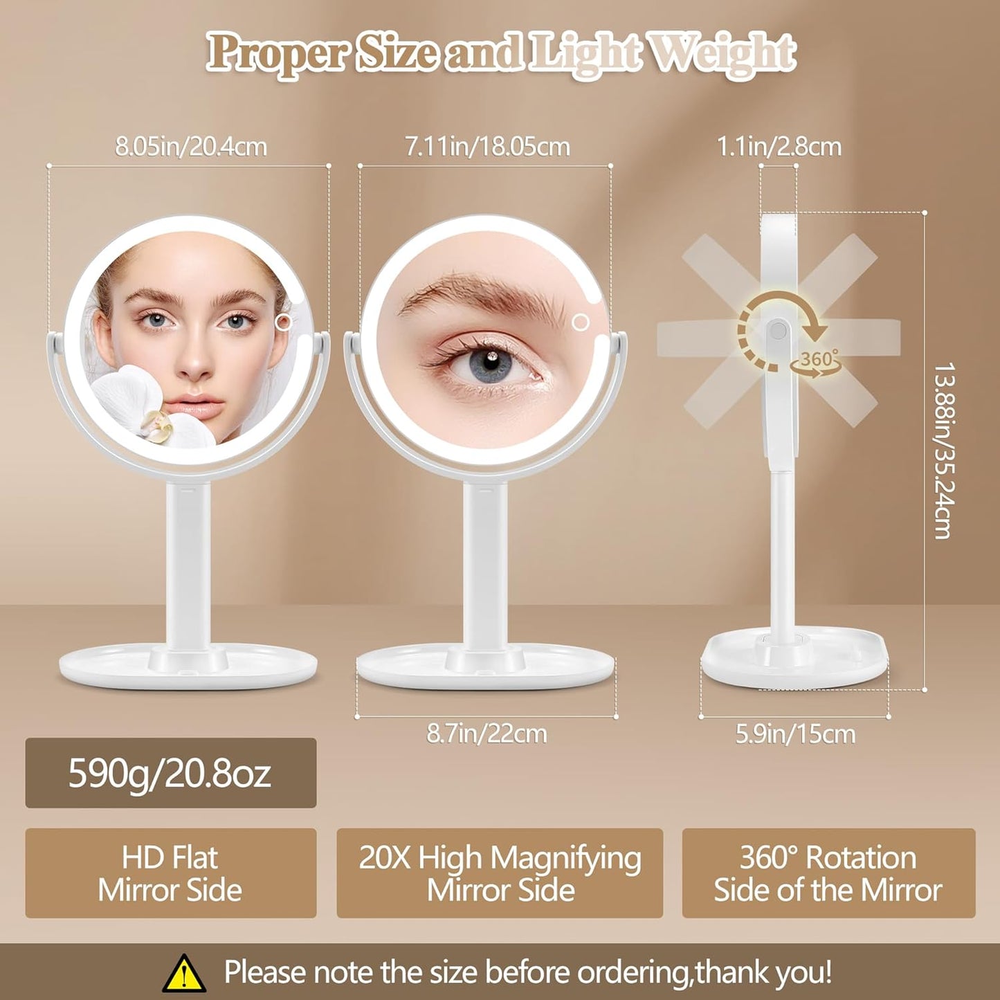 Makeup Mirror with Lights, Double Sided 1x/20x Magnifying Mirror with Light, Rechargeable 3 Color Lights and Adjustable Brightness, 360° Rotation Detachable Comes with Tweezer(White)