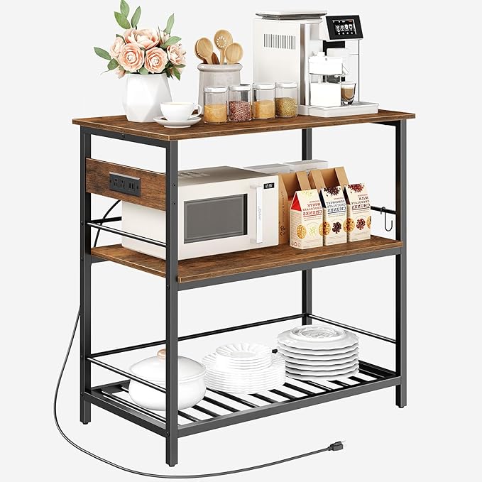 HOOBRO Kitchen Island with Storage, Kitchen Island Table with Power Outlet, 47.2" L 3 Tier Coffee Station and Microwave Stand, for Home, Kitchen and Dining Room, Rustic Brown and Black BF120UZD01