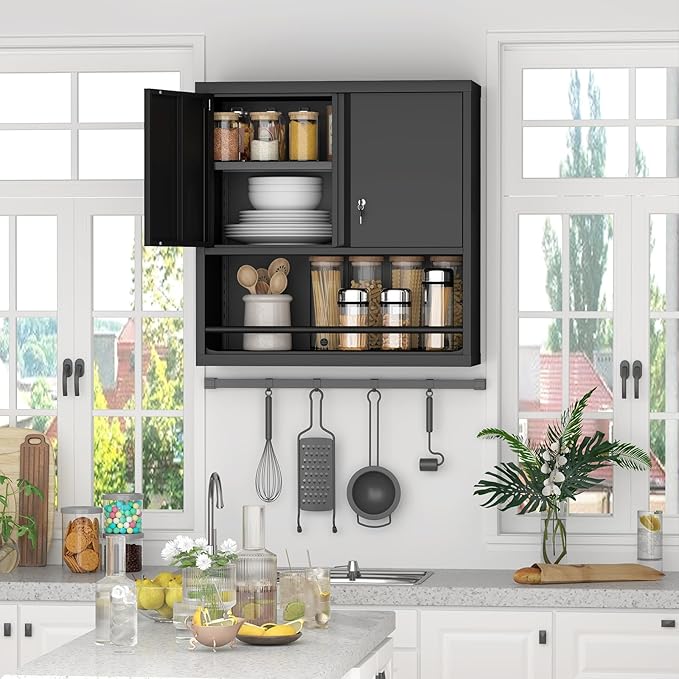 LUCYPAL Garage Storage Cabinet with Locking Doors and Shelves,Black Metal Wall Cabinets for Garage,Floating Upper Storage Cabinet for Warehouse/Basement/Kitchen/Home Office