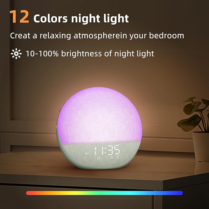Sunrise Alarm Clock White Noise Machine: Natural Wake Up Light - Dimmable Clock with Bluetooth Speaker for Bedroom - 25 Sleep Sounds for Baby Adults Kids Sage Green