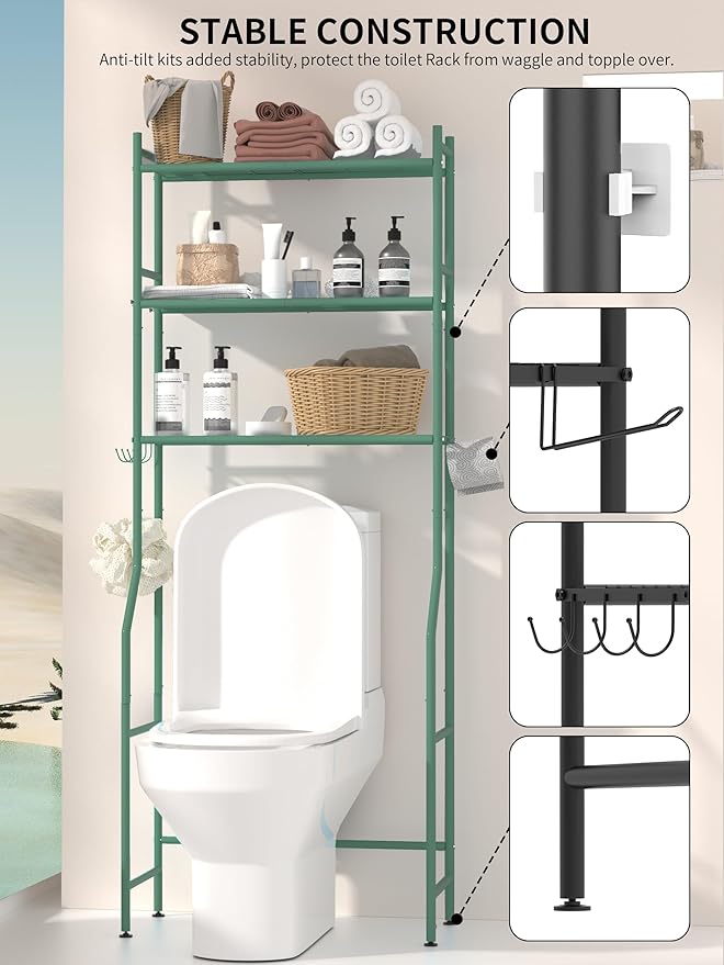 3 Tier Over The Toilet Storage Rack with 2 Basket, Metal Freestanding Bathroom Shelves Toilet with Paper Holder and 4 Hooks, Over Toilet Storage Shelf for Bathroom Storage, Green