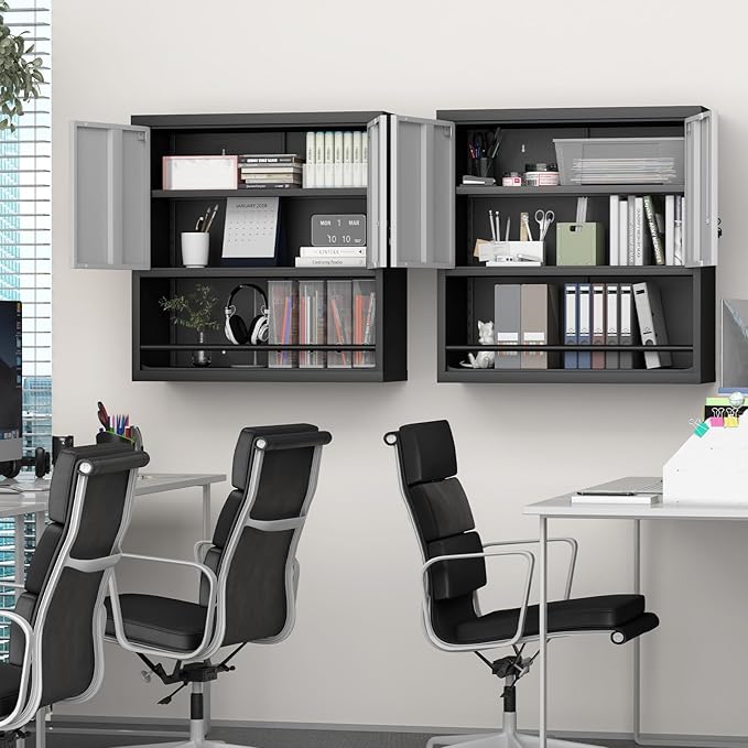 LUCYPAL Metal Wall Cabinet with Adjustable Shelf,Garage Wall Cabinets with Locking Doors and Open Storage,Steel Utility Storage Cabinets for Home Office,Warehouse,Black&Grey