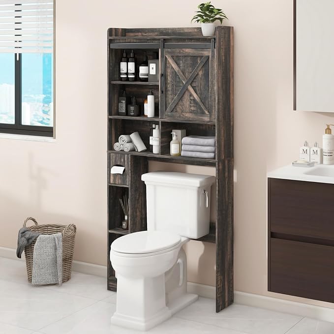 Over The Toilet Storage Cabinet, Farmhouse Storage Cabinet Over Toilet with Sliding Doors & Toilet Paper Holder Stand,Home Space-Saving Toilet Rack, for Bathroom, Laundry(Dark Grey)