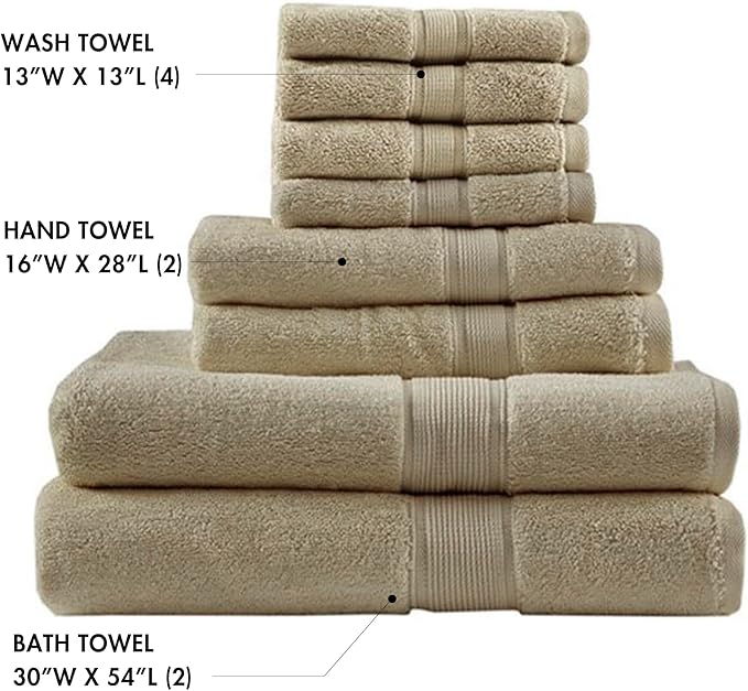 Madison Park 800GSM Bathroom Towel Set of 8 100% Cotton Bath Towel Set for Bathroom Luxurious Highly Absorbent 2 Bath Towels 2 Hand Towels 4 Washcloths Quick Dry Spa Quality Beige