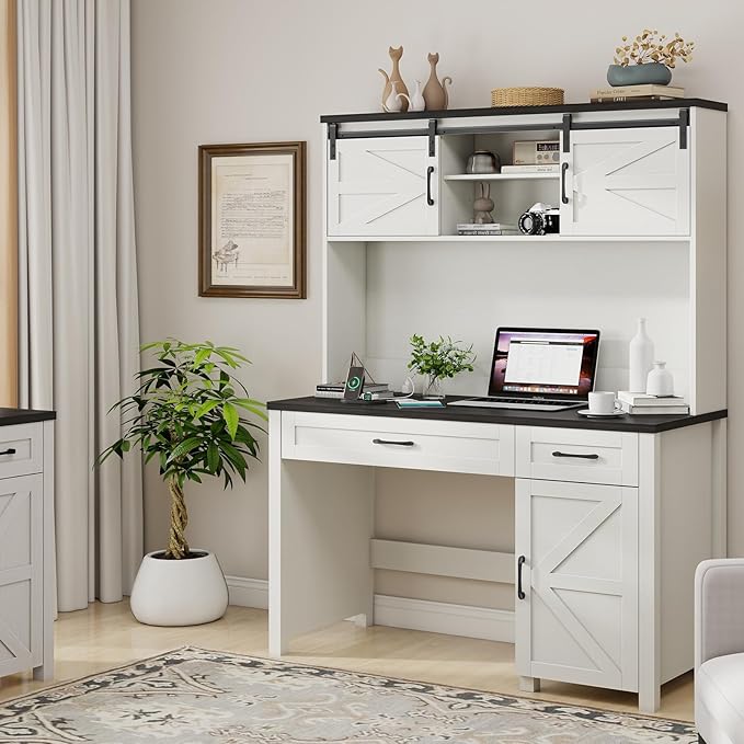 Farmhouse 47" Executive Desk, Computer Desk with Drawers and Storage Cabinet, Home Office Desks with Hutch and Charging Station, Workspace for Work & Study (Black).