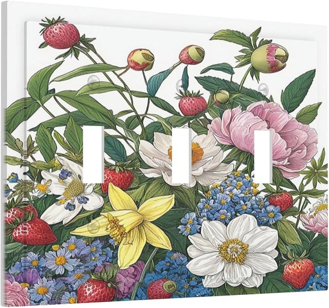 Spring Watercolor Flower Plant Strawberry Peony Floral Decorative Switch Plates 3 Gang Wall Plate Faceplate Electrical Wall Panels Triple Toggle Light Switch Cover for Bedroom living Room Decor