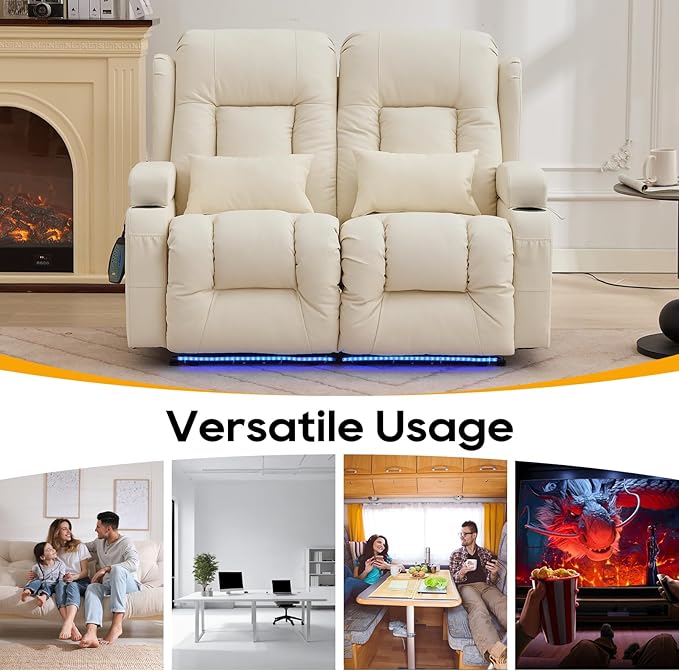 IPKIG 54" Power Loveseat Recliner Sofa, Electric Home Theater Seating with Massage Heat/4 Colors Ambient Lights/USB Port/Side Pocket/Cup Holder for Living Room, Bedroom, RV (Off-White, 2 Seater)
