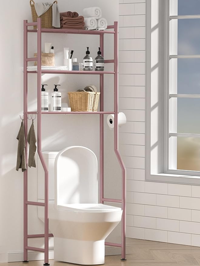 3 Tier Over The Toilet Storage Rack with 2 Basket, Metal Freestanding Bathroom Shelves Toilet with Paper Holder and 4 Hooks, Over Toilet Storage Shelf for Bathroom Storage, Bronze