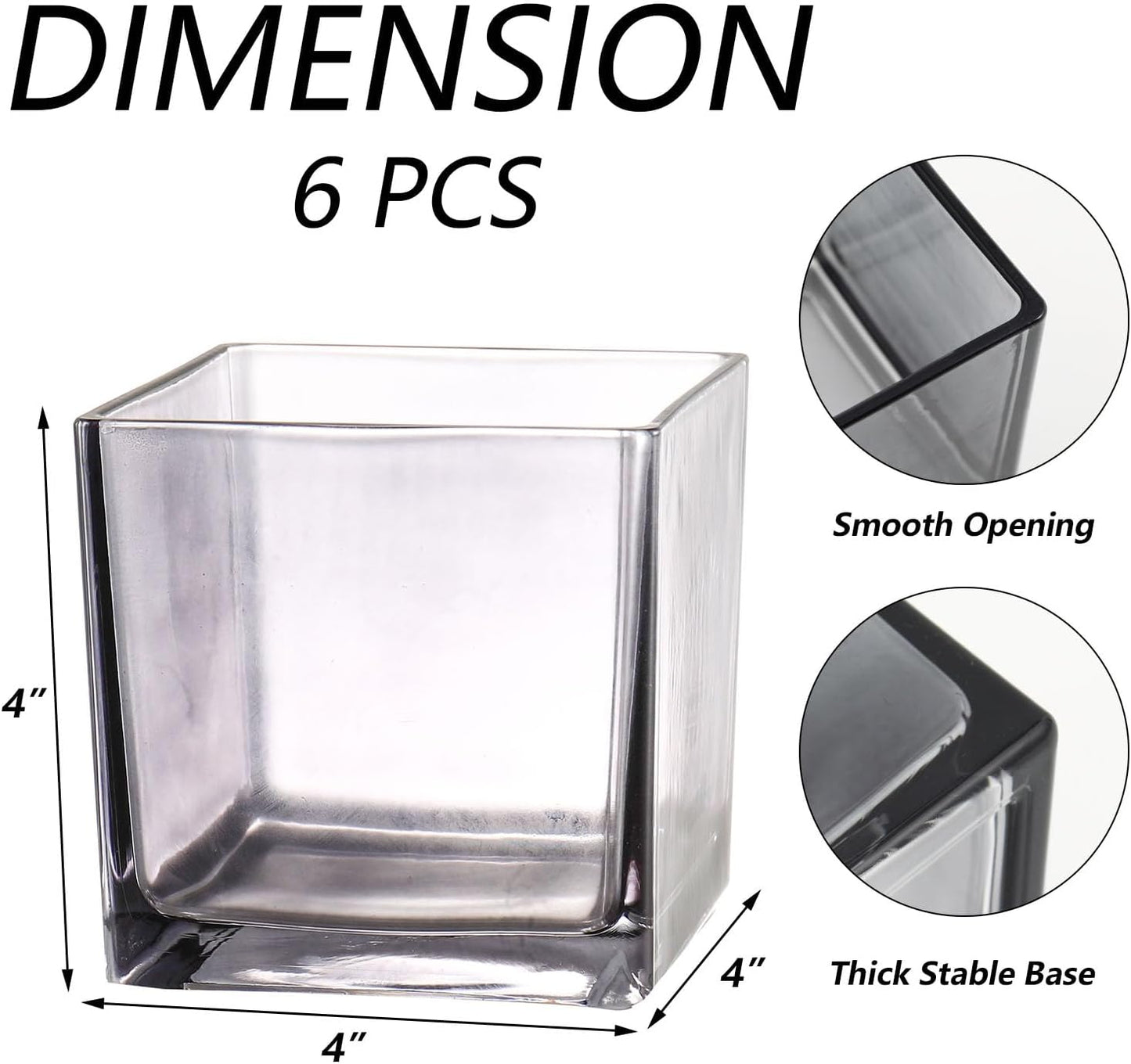 Square Glass Vases Set of 6, 4" x 4" x 4" Square Flower Vases for Centerpieces, Grey Vase for Flowers, Small Vase for Wedding, Party, Home Office Decoration