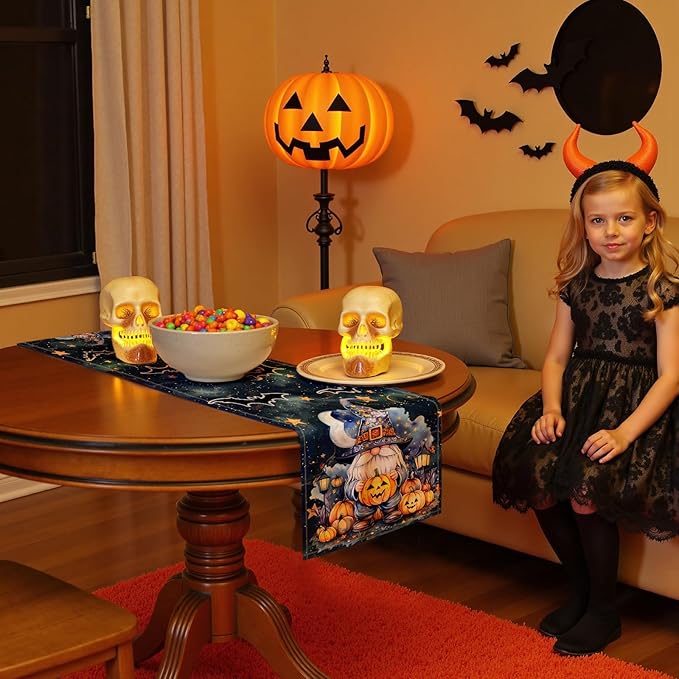 Halloween Table Runner with Gnomes, Bats & Pumpkins, Table Decoration for Dining Party and Home Decor,48x13 inches