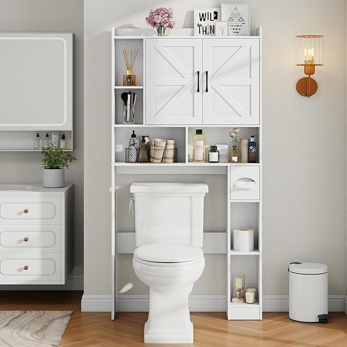 Over The Toilet Storage Cabinet, Farmhouse Storage Cabinet Over Toilet with 2 Barn Door & Toilet Paper Holder Stand,Home Space-Saving Toilet Rack, for Bathroom, Restroom, Laundry