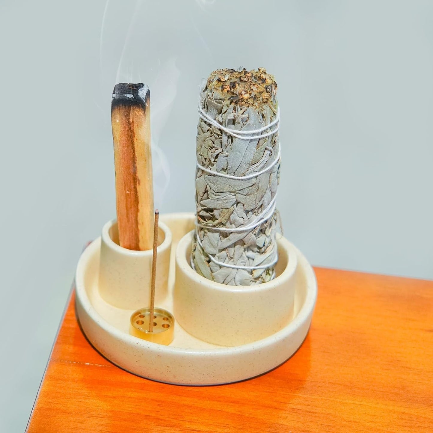 4 in 1 Incense Holder, Palo Santo Stick Holder,Sage Holder for Burning- 4.25" Sage Incense Holder for Meditation Room Home Decor (Sand)