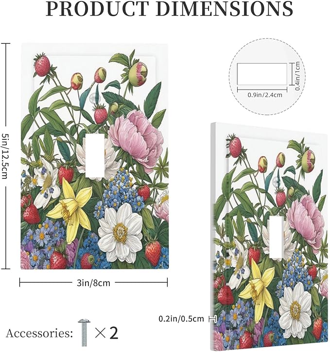Spring Watercolor Flower Plant Strawberry Peony Floral Decorative Light Switch Cover 1 Gang Single Toggle Device Electrical Faceplate Switchplates Decorator Outlet Wall Plate for Bedroom living Room