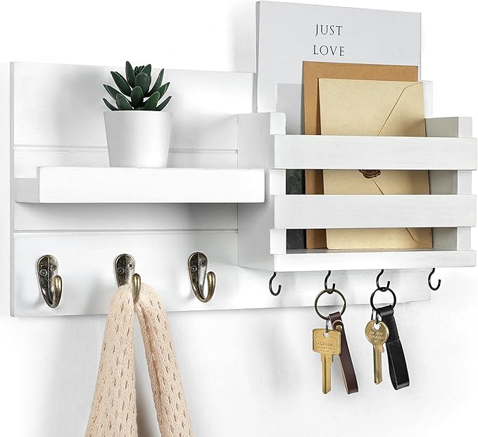 Mail Organizer for Wall Mount – Key Holder with Shelf Includes Letter Holder and Hooks for Coats, Dog Leashes – Rustic Wood with Flush Mounting Hardware (16.5” x 8.7” x 3.5”)