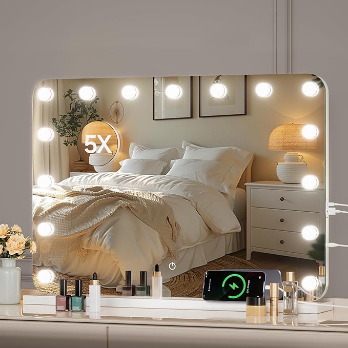 32''X22'' Hollywood Vanity Mirror with Lights, with Bluetooth Speaker, 3 Color Lighting Modes & Stepless Dimming, USB & Type-C Charging Port, 5X Magnification