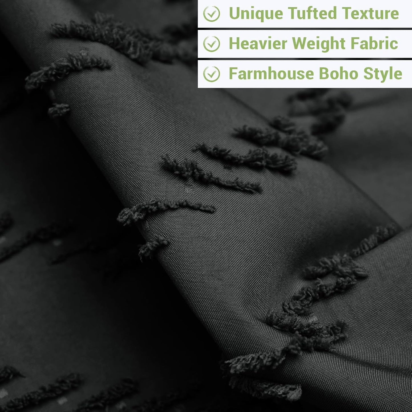 Long No Hook Shower Curtain with Snap in Liner, Tufted Chevron Striped Shower Curtain Set for Bathroom, Boho Waterproof and Washable Shower Curtains,71Wx80H, Black