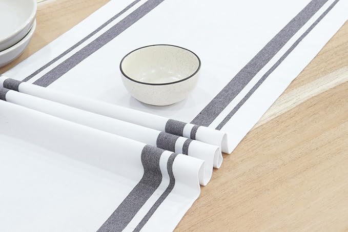 PurpleEssences French Striped Table Runner 72 inches Long Stripe Runner 14 x 72 Inch 100% Cotton - Durable Washable Fabric for Fall Thanksgiving - Grey and White