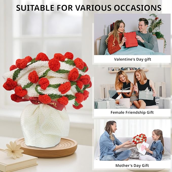 Handmade Crochet Flower Bouquet Blanket - Soft Lightweight Knit Throw for Birthday Wedding Valentines, Ready-to-Use Home Decor Gift (Red, 31in)