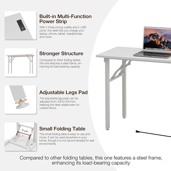 TEMI Long Computer Desk Folding Table - No Assembly, Compact 55.1" Foldable Desk with Power Outlets & USB Charging Port, Portable Lagre Office Desk, Ideal Large Study Table for Narrow Spaces