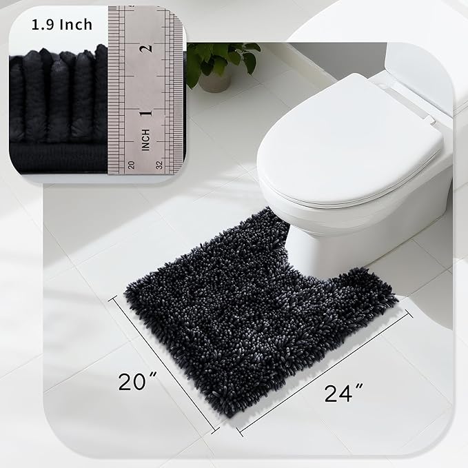 Yimobra Toilet Rugs U Shaped Washable, Extra Thick Soft Absorbent Chenille Contour Bathroom Rugs for Toilet 24x20 Inch, Quick Dry Non Slip Toilet Mat for Bath Floor, Black