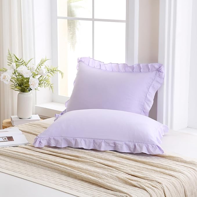 Merryword Lilac Purple Pillowcases King Size Ruffled Pillow Shams Set of 2 Cute Pillowcases Light Purple Shabby Chic Pillow Cover 2 Pack