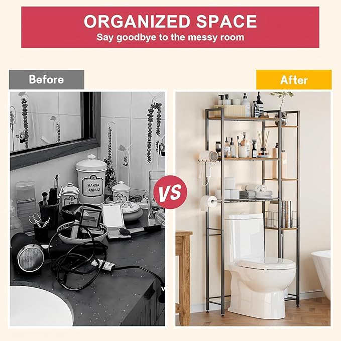 Over Toilet Bathroom Organizer, Solid Wood Over Toilet Storage Shelves with Toilet Paper Holder, Hooks, Side Rack, Sturdy Metal Standing Shelf for Laundry, Balcony, 9.45" D x 31.5" W x 66" H