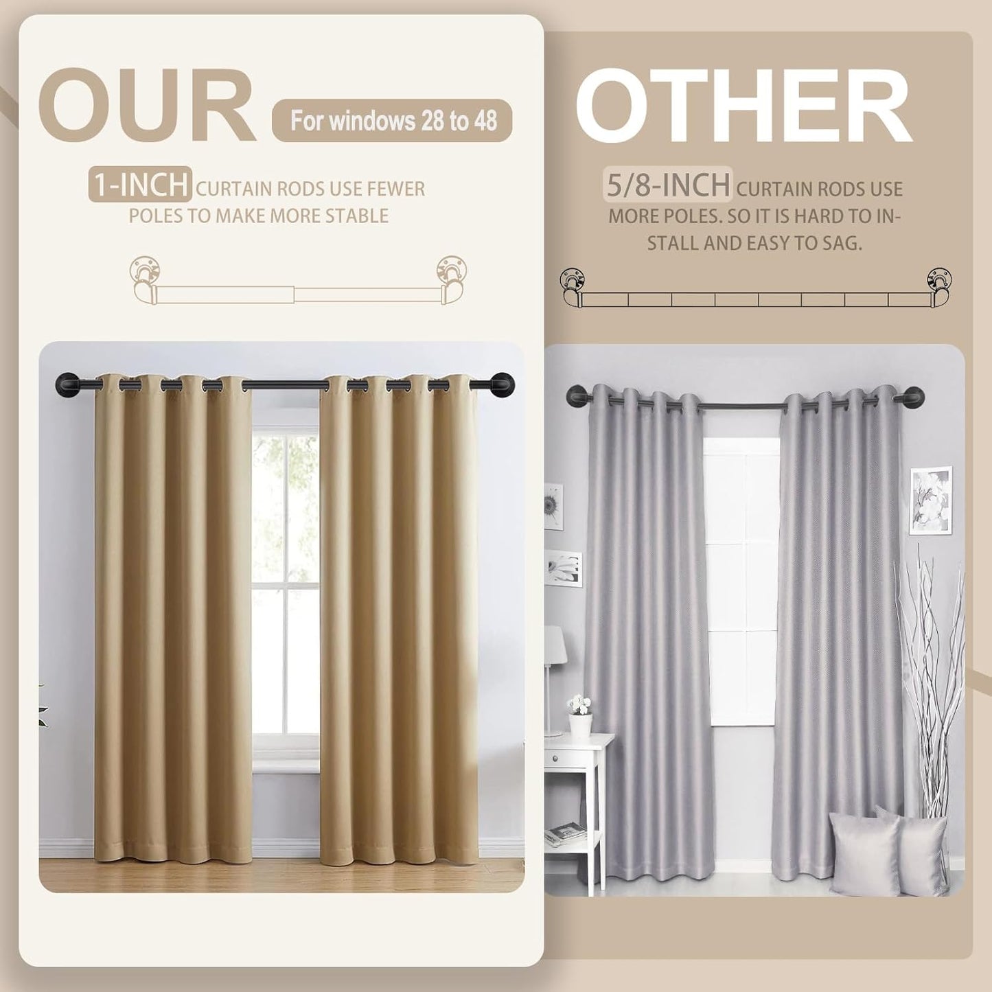 Blackout Industrial Curtain Rods for Windows, 1 Inch Pipe Wrap Around Indoor/Outdoor Room Divider Curtain Rods, 28-48 Inch, Black