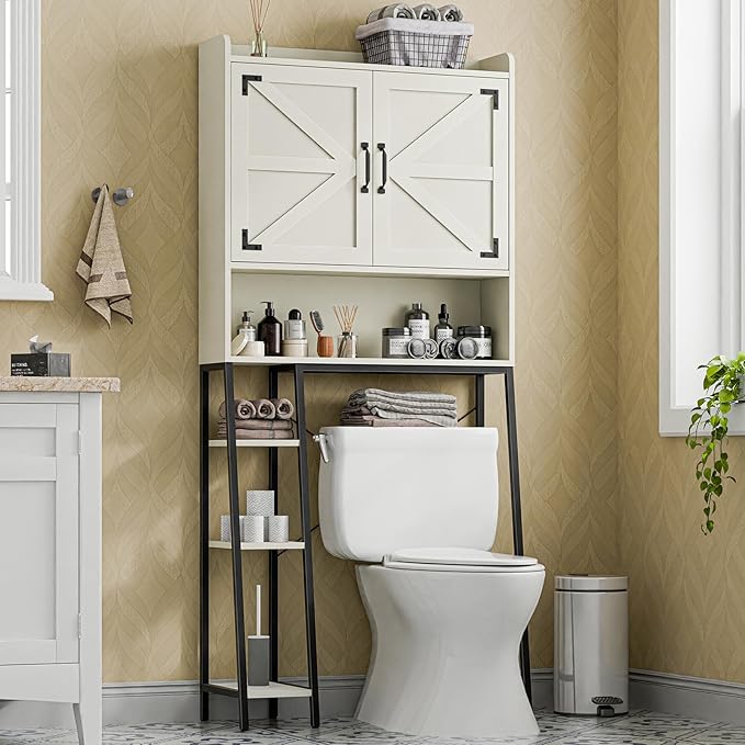 Vabches Over The Toilet Storage Cabinet, Farmhouse Storage Cabinet Over Toilet with 2 Barn Door & Toilet Paper Holder Stand,Home Space-Saving Toilet Rack, for Bathroom, Restroom, Laundry