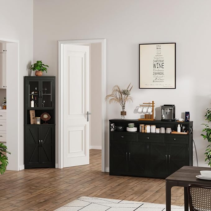 51" Black Buffet Sideboard Cabinet with Storage, Farmhouse Kitchen Storage Pantry Cabinet with Drawers, Wood Cupboard Hutch, Coffee Bar Station Table for Kitchen, Living Room, Dining Room
