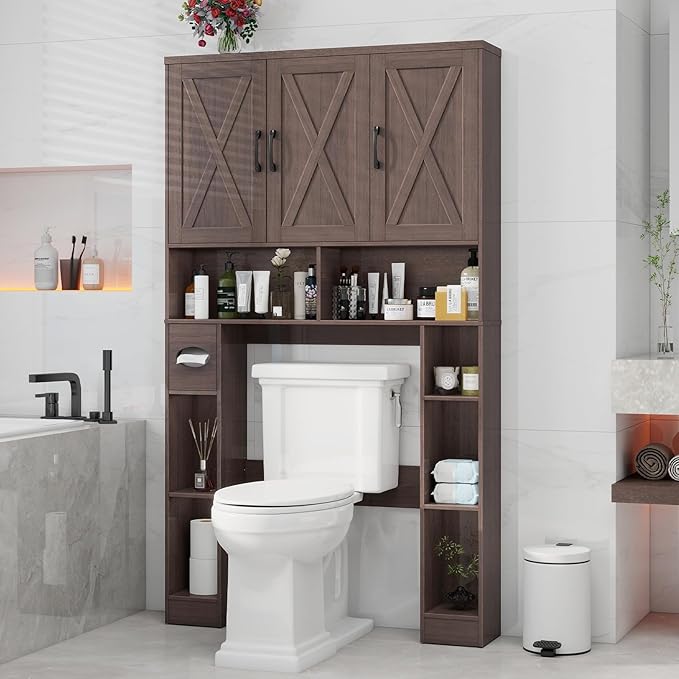 Over The Toilet Storage Cabinet, Farmhouse Toilet Cabinet Rack with 3 Barn Doors, Space Saving Bathroom Organizer with Shelves, Toilet Paper Holder and Towel Rack for Bathroom,Restroom, Espresso