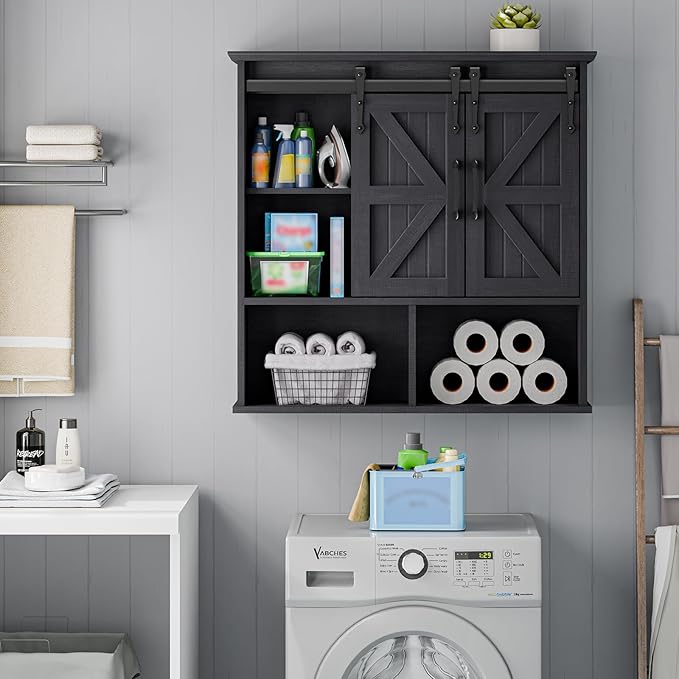 Vabches Bathroom Wall Cabinet, Farmhouse Medicine Cabinet with Double Sliding Barn Door and Adjustable Shelves, Wooden Vintage Storage Cabinet Wall Mounted for Bathroom, Kitchen Dining, Black